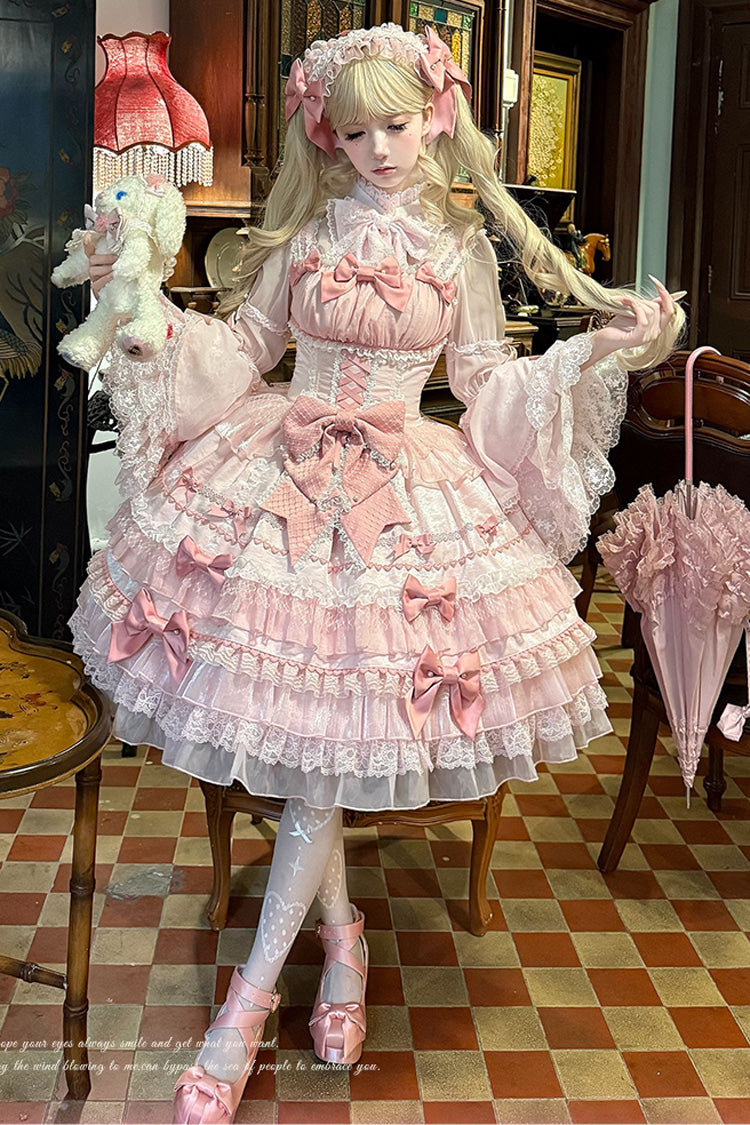 Lolita Jumper Skirt - Little Lovetine, Pink, Bow Detail, Lace Trim, Ruffled - main product image