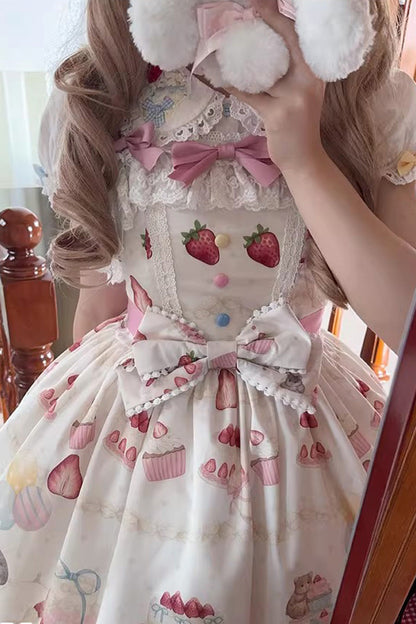 Lolita Jumper Skirt - Little Mouse Strawberry Cake, 3 Colors, Printed, Embroidered - additional product view 10
