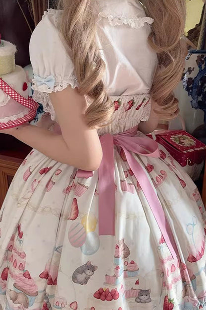 Lolita Jumper Skirt - Little Mouse Strawberry Cake, 3 Colors, Printed, Embroidered - additional product view 12