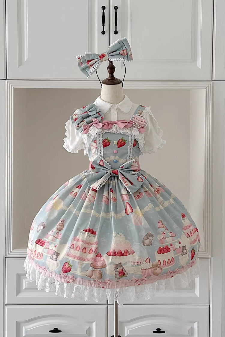 Lolita Jumper Skirt - Little Mouse Strawberry Cake, 3 Colors, Printed, Embroidered - S Blue / M Blue / L Blue option
