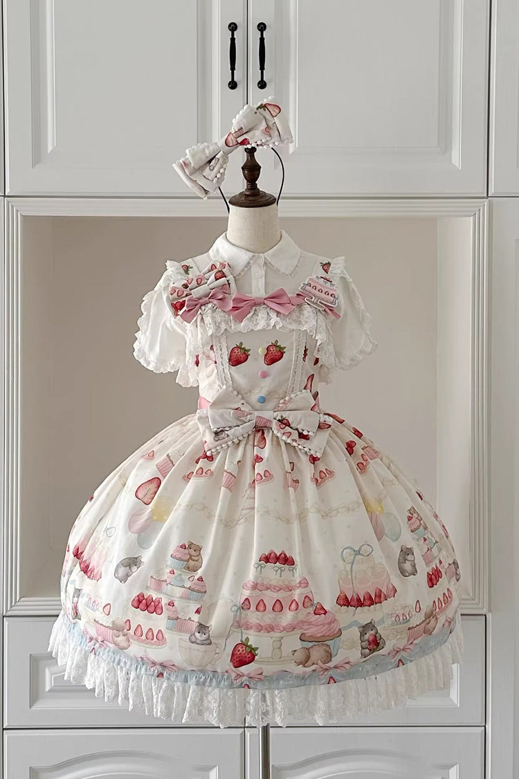 Lolita Jumper Skirt - Little Mouse Strawberry Cake, 3 Colors, Printed, Embroidered - S Ivory / M Ivory / L Ivory option