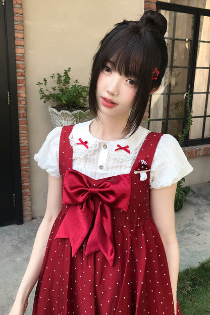 Lolita Jumper Skirt - Little Mushroom, Red, Printed, Sweet Style, Bow Detail - additional product view 2