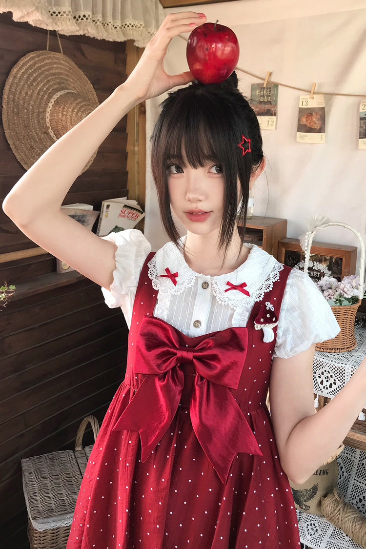 Lolita Jumper Skirt - Little Mushroom, Red, Printed, Sweet Style, Bow Detail - additional product view 4