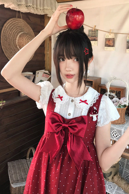 Lolita Jumper Skirt - Little Mushroom, Red, Printed, Sweet Style, Bow Detail - additional product view 4