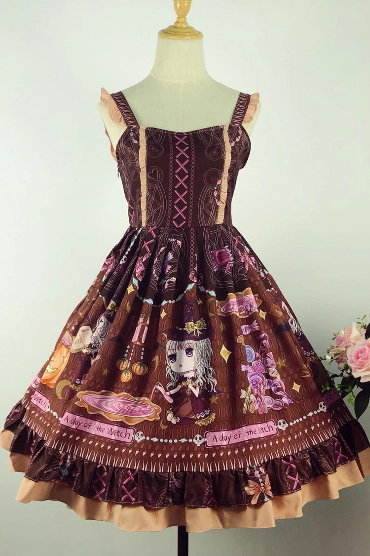 Lolita Jumper Skirt - Little Witch, Brown, Bow Detail, Ruffled, Printed - additional product view 3