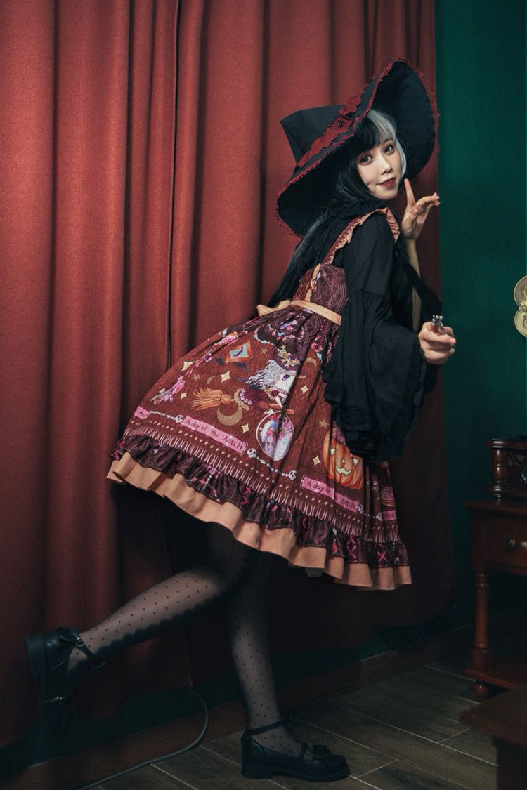 Lolita Jumper Skirt - Little Witch, Brown, Bow Detail, Ruffled, Printed - additional product view 4