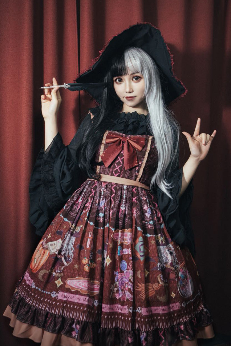 Lolita Jumper Skirt - Little Witch, Brown, Bow Detail, Ruffled, Printed - additional product view 5