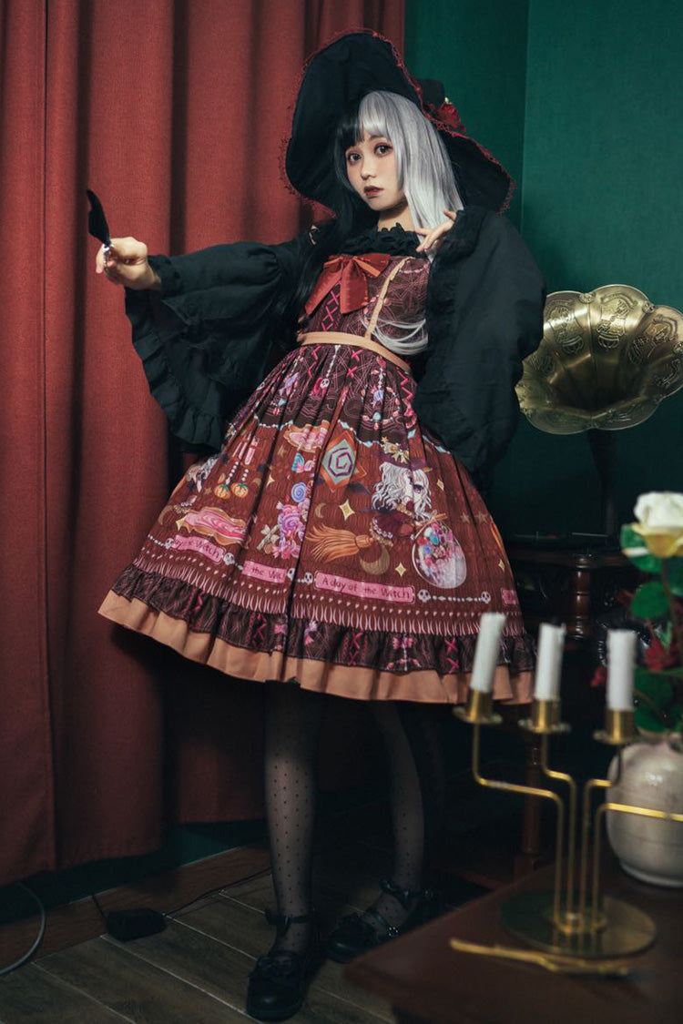 Lolita Jumper Skirt - Little Witch, Brown, Bow Detail, Ruffled, Printed - main product image