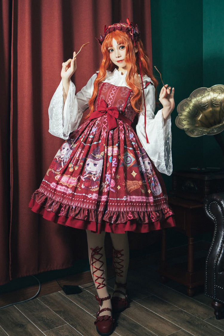 Lolita Jumper Skirt - Little Witch, Red, Sweet Style, Bow Detail, Ruffled - main product image