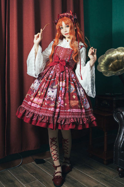 Lolita Jumper Skirt - Little Witch, Red, Sweet Style, Bow Detail, Ruffled - main product image