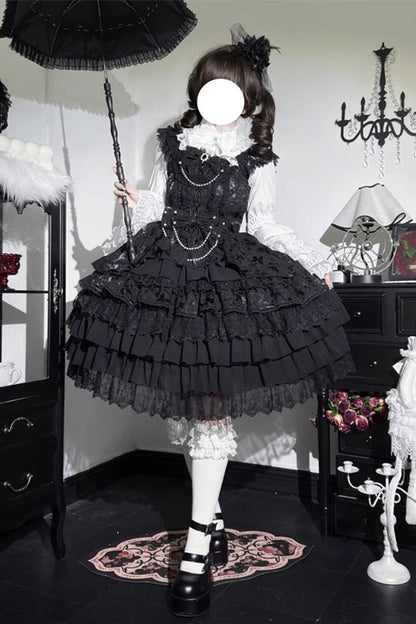 Lolita Jumper Skirt - Love Feather, 4 Colors, Bow Detail, Lace Trim, Layered - S Black / M Black / L Black option