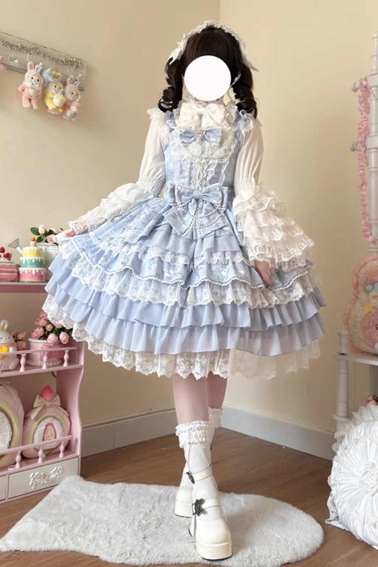 Lolita Jumper Skirt - Love Feather, 4 Colors, Bow Detail, Lace Trim, Layered - S Blue / M Blue / L Blue option