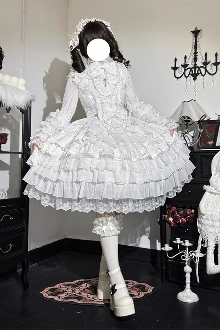 Lolita Jumper Skirt - Love Feather, 4 Colors, Bow Detail, Lace Trim, Layered - S White / M White / L White option
