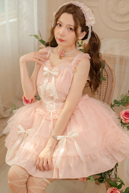Lolita Jumper Skirt - Love Overture, 2 Colors, High Waist, Bow Detail, Ruffled - S Pink / M Pink / L Pink option