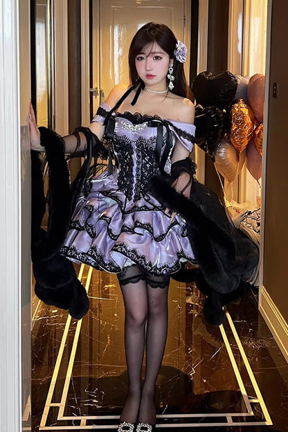 Lolita Jumper Skirt - Love Poems Of The Heart, Purple, Lace Trim, Ruffled, Layered - main product image