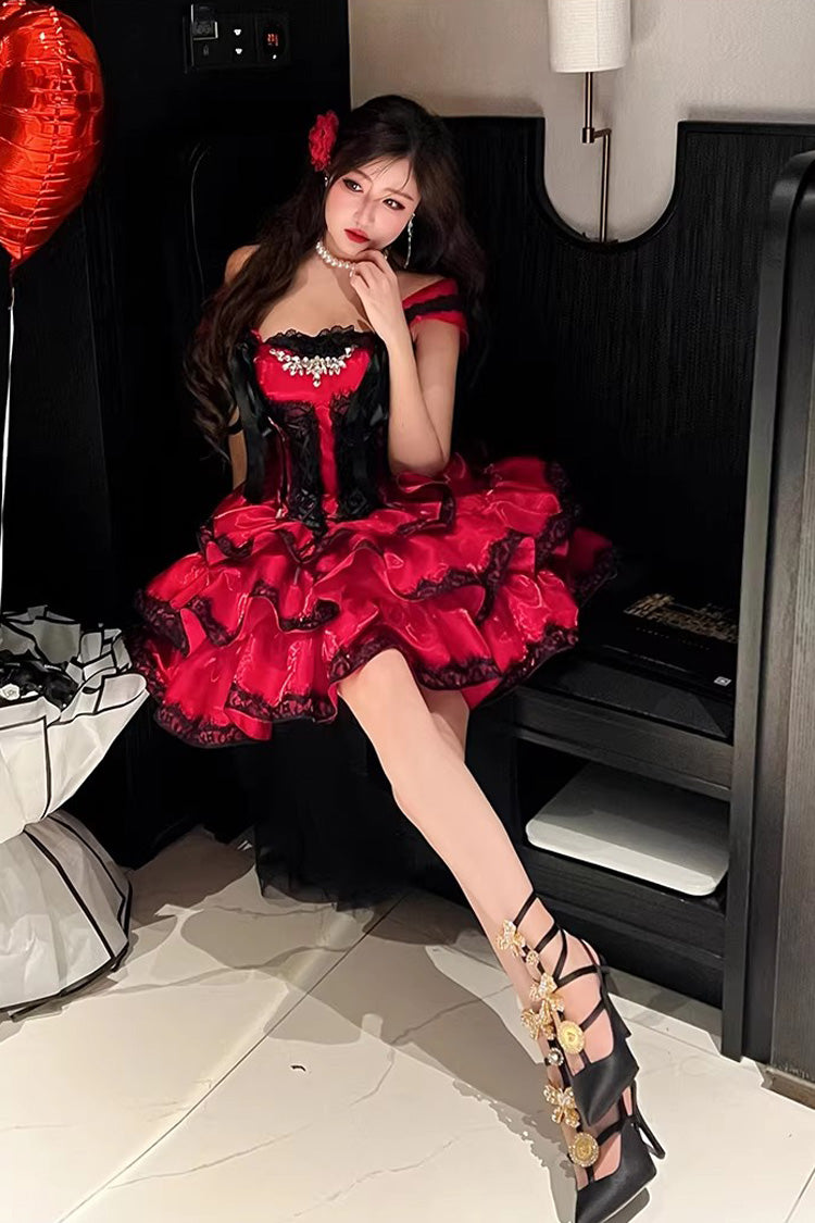 Lolita Jumper Skirt - Love Poems Of The Heart, Red, Ruffled, Layered, Lace-Up - additional product view 4