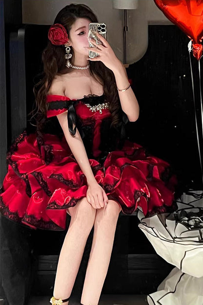 Lolita Jumper Skirt - Love Poems Of The Heart, Red, Ruffled, Layered, Lace-Up - additional product view 5