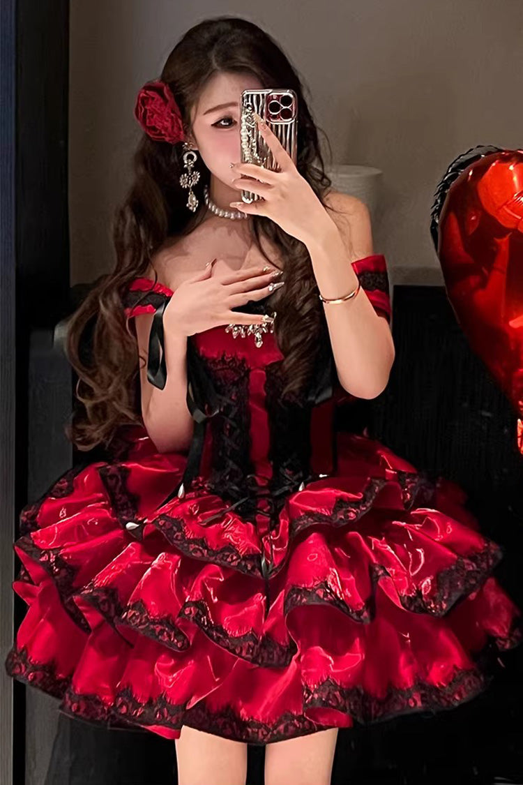 Lolita Jumper Skirt - Love Poems Of The Heart, Red, Ruffled, Layered, Lace-Up - additional product view 6