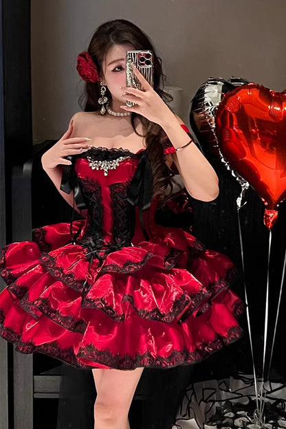 Lolita Jumper Skirt - Love Poems Of The Heart, Red, Ruffled, Layered, Lace-Up - additional product view 7