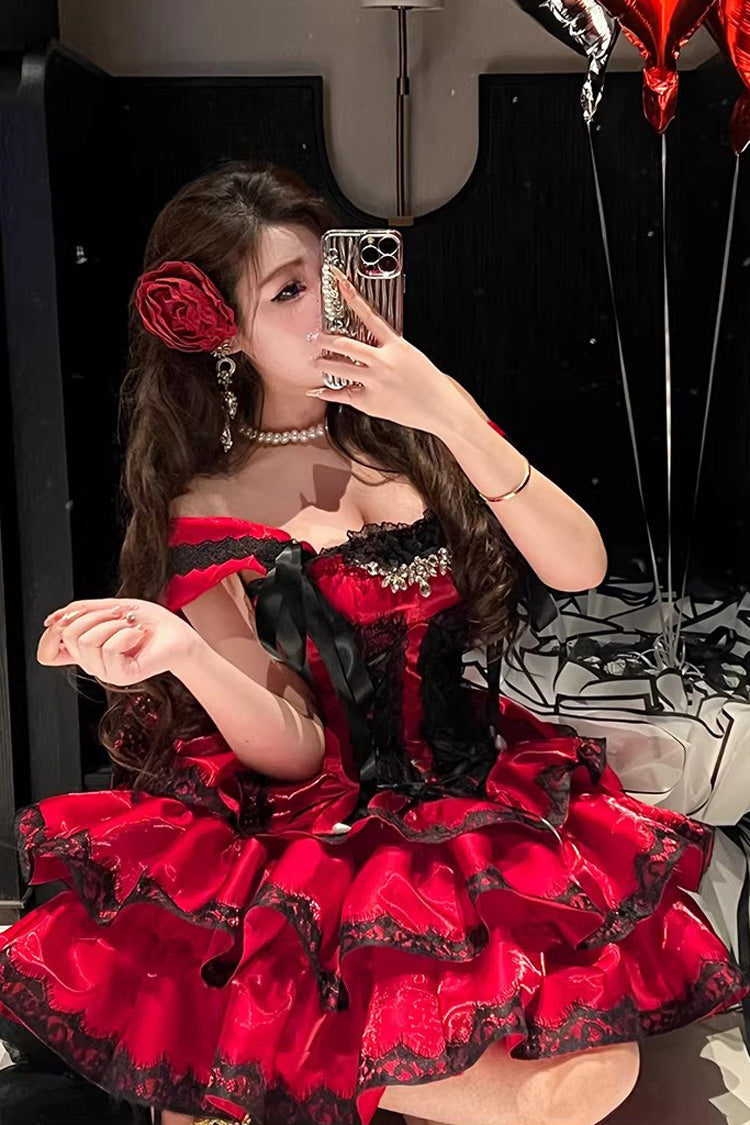 Lolita Jumper Skirt - Love Poems Of The Heart, Red, Ruffled, Layered, Lace-Up - additional product view 8