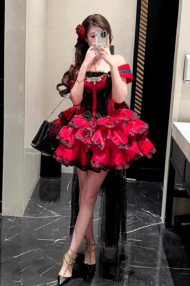 Lolita Jumper Skirt - Love Poems Of The Heart, Red, Ruffled, Layered, Lace-Up - additional product view 9