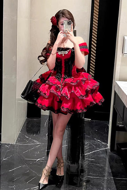 Lolita Jumper Skirt - Love Poems Of The Heart, Red, Ruffled, Layered, Lace-Up - additional product view 9
