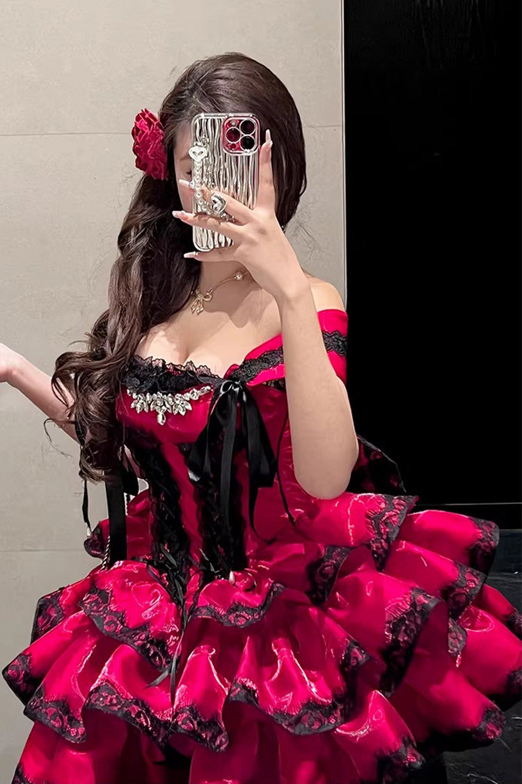 Lolita Jumper Skirt - Love Poems Of The Heart, Red, Ruffled, Layered, Lace-Up - additional product view 12