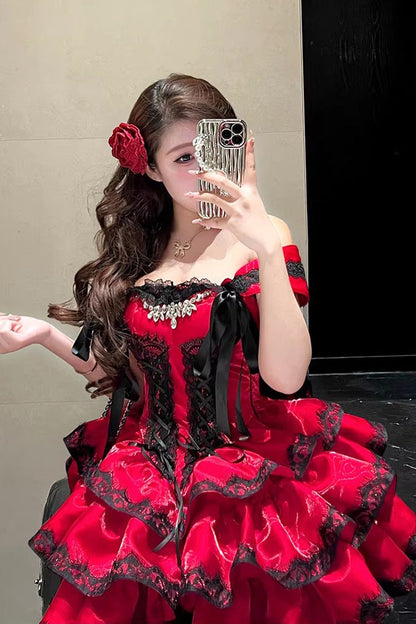 Lolita Jumper Skirt - Love Poems Of The Heart, Red, Ruffled, Layered, Lace-Up - additional product view 13