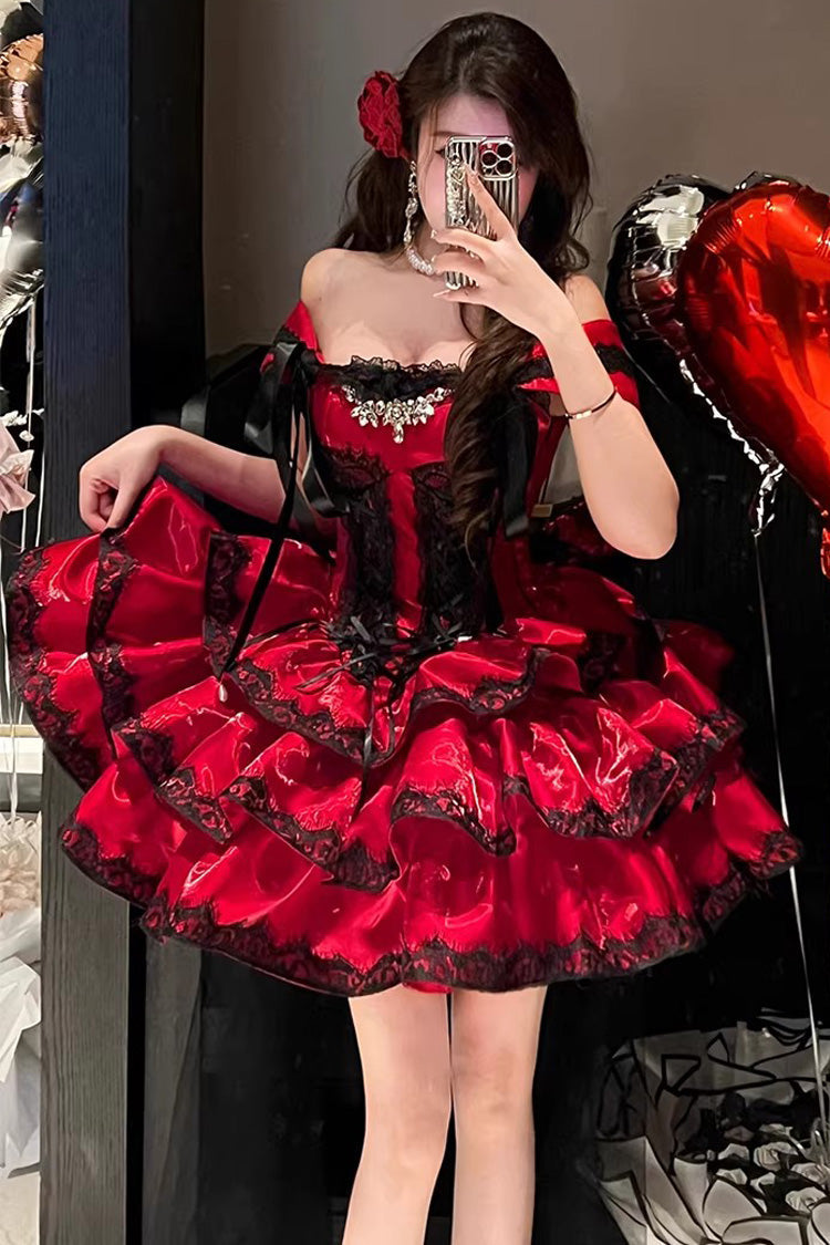 Lolita Jumper Skirt - Love Poems Of The Heart, Red, Ruffled, Layered, Lace-Up - additional product view 14