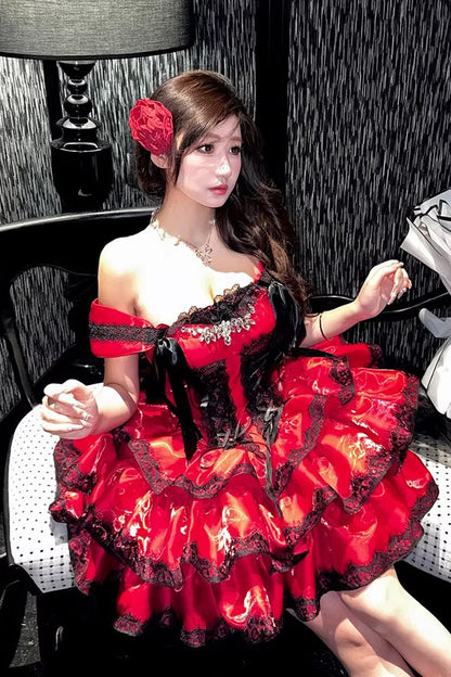 Lolita Jumper Skirt - Love Poems Of The Heart, Red, Ruffled, Layered, Lace-Up - additional product view 15