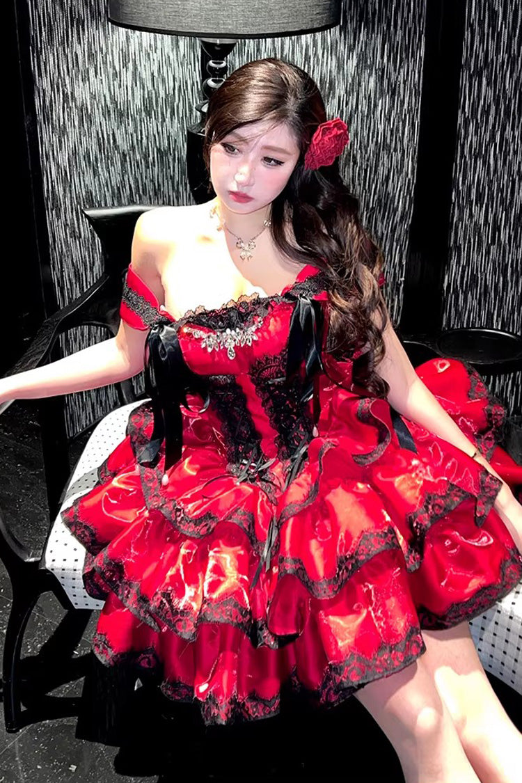 Lolita Jumper Skirt - Love Poems Of The Heart, Red, Ruffled, Layered, Lace-Up - additional product view 16