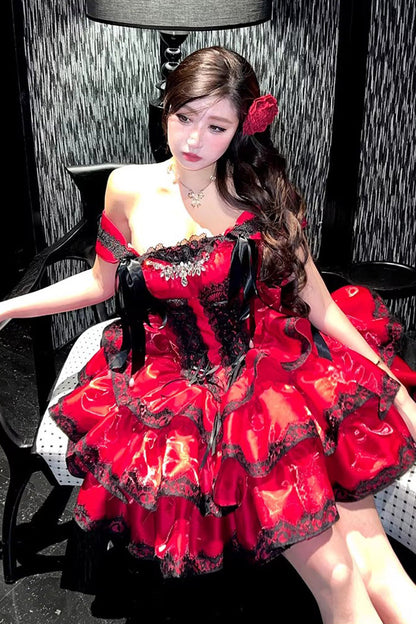 Lolita Jumper Skirt - Love Poems Of The Heart, Red, Ruffled, Layered, Lace-Up - additional product view 16