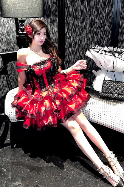 Lolita Jumper Skirt - Love Poems Of The Heart, Red, Ruffled, Layered, Lace-Up - additional product view 17