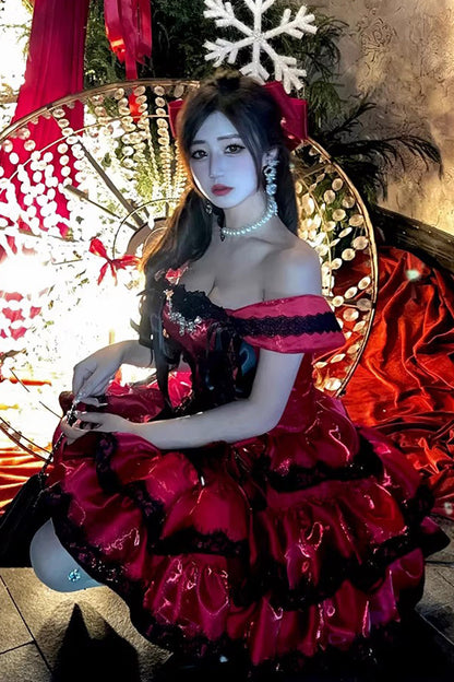 Lolita Jumper Skirt - Love Poems Of The Heart, Red, Ruffled, Layered, Lace-Up - additional product view 18