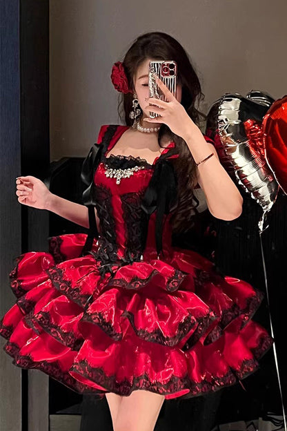 Lolita Jumper Skirt - Love Poems Of The Heart, Red, Ruffled, Layered, Lace-Up - main product image