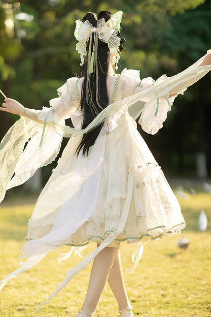 Lolita Jumper Skirt - Luo Ling Fu, Ivory, Bow Detail, Lace Trim, Ruffled - additional product view 3
