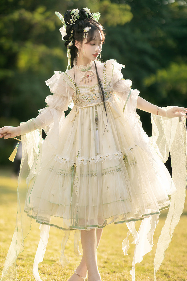 Lolita Jumper Skirt - Luo Ling Fu, Ivory, Bow Detail, Lace Trim, Ruffled - main product image