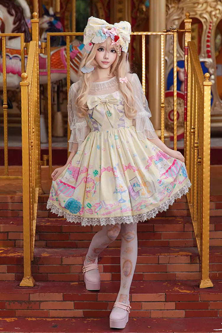 Lolita Jumper Skirt - Macaron Dolly House, 3 Colors, Lace Trim, Printed, Lace-Up - additional product view 3