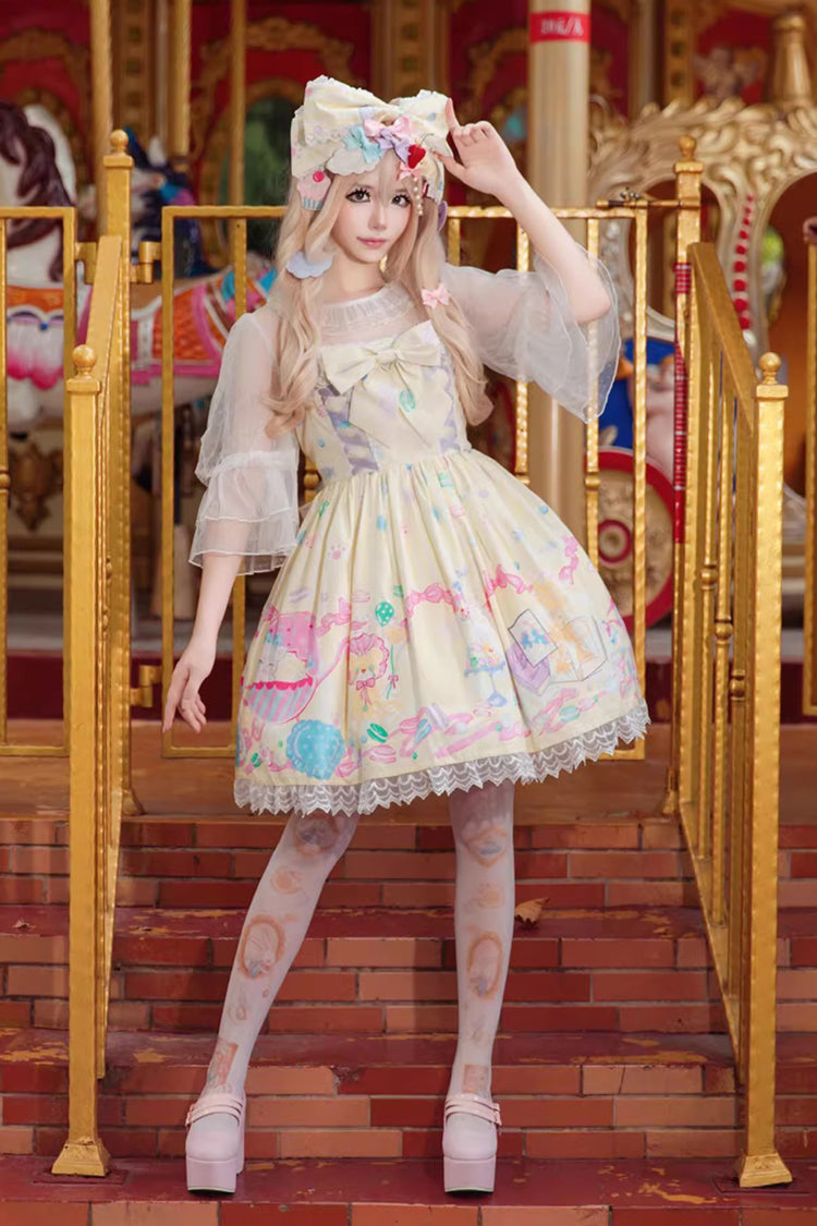 Lolita Jumper Skirt - Macaron Dolly House, 3 Colors, Lace Trim, Printed, Lace-Up - additional product view 4