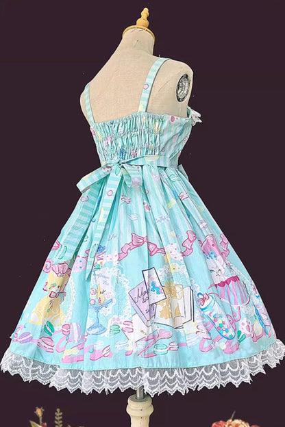 Lolita Jumper Skirt - Macaron Dolly House, 3 Colors, Lace Trim, Printed, Lace-Up - additional product view 9