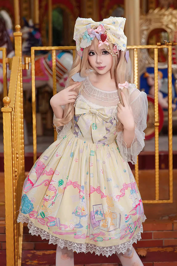 Lolita Jumper Skirt - Macaron Dolly House, 3 Colors, Lace Trim, Printed, Lace-Up - main product image