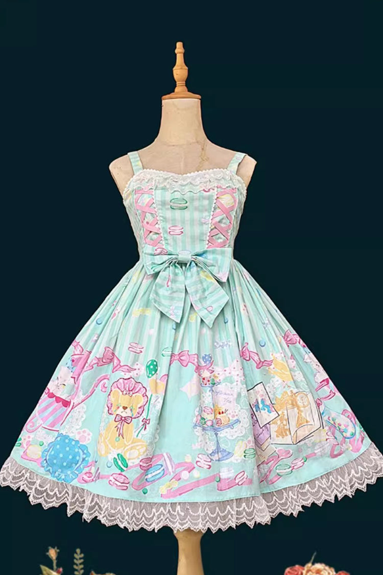 Lolita Jumper Skirt - Macaron Dolly House, 3 Colors, Lace Trim, Printed, Lace-Up - S Green / M Green / L Green option