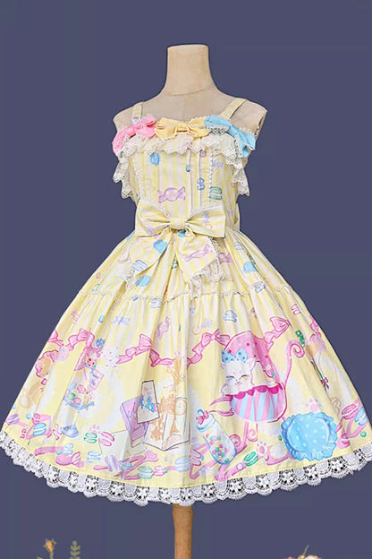 Lolita Jumper Skirt - Macaron Dolly House, Yellow, Printed, Sweet Style, Bow Detail - additional product view 3