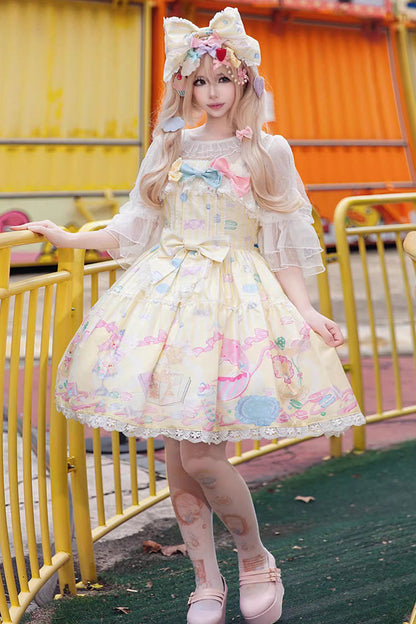 Lolita Jumper Skirt - Macaron Dolly House, Yellow, Printed, Sweet Style, Bow Detail - main product image