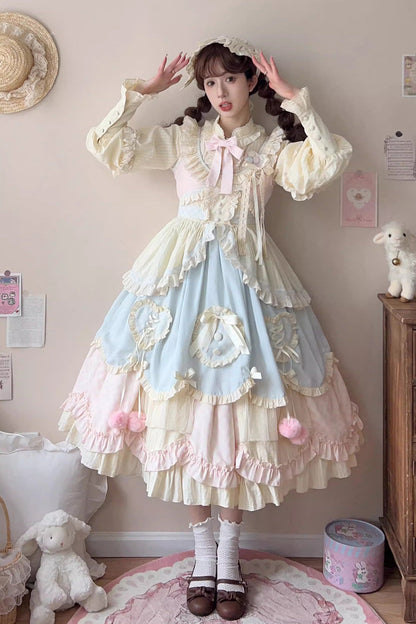 Lolita Jumper Skirt - Mianmian Macaron, Multi-Color, Long Version, Long Length, Bow Detail - additional product view 5