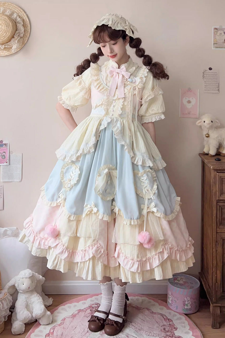 Lolita Jumper Skirt - Mianmian Macaron, Multi-Color, Long Version, Long Length, Bow Detail - main product image