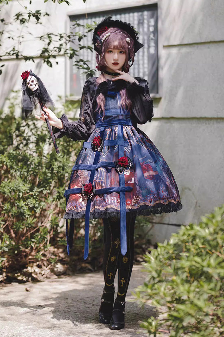 Lolita Jumper Skirt - Midnight Magic Church Print, 3 Colors, Punk Style, Ruffled, Printed - additional product view 2