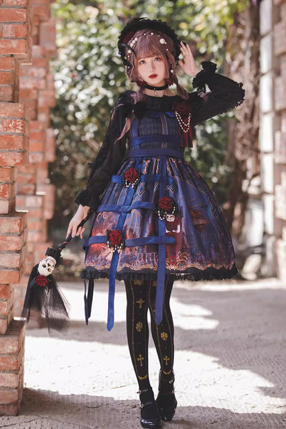 Lolita Jumper Skirt - Midnight Magic Church Print, 3 Colors, Punk Style, Ruffled, Printed - additional product view 3