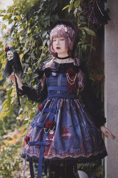 Lolita Jumper Skirt - Midnight Magic Church Print, 3 Colors, Punk Style, Ruffled, Printed - additional product view 6