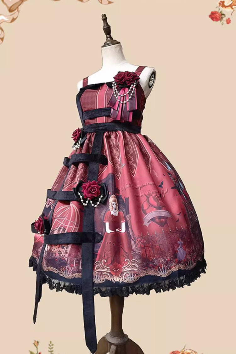 Lolita Jumper Skirt - Midnight Magic Church Print, 3 Colors, Punk Style, Ruffled, Printed - S Black/Red / M Black/Red / L Black/Red option